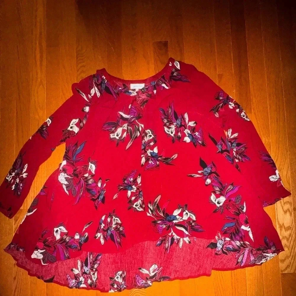 Grace and Lace floral sheer top maroon flowing shirt size‎ xl
